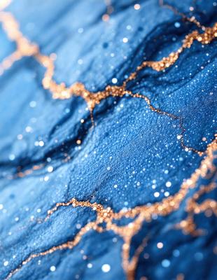 The primary subject of the image is a blue background with gold glittery specks on it. The setting appears to be a blue and gold wall, possibly a textured wallpaper or a painted surface. The visual style of the image is a combination of digital art and illustration, creating a unique and eye-catching design. The dominant colors in the image are blue and gold, with the gold glittery specks adding a touch of sparkle and sophistication to the overall atmosphere.