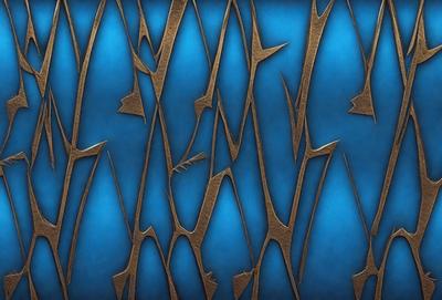 The primary subject of the image is a blue wall with a pattern of metal-like shapes or branches. The setting is a room with a blue background, and the visual style appears to be a combination of digital art and illustration. The dominant colors are blue and silver, creating a calm and serene atmosphere.