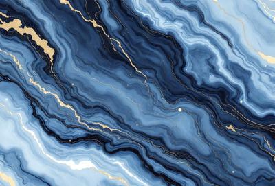 The primary subject of the image is a blue and gold marbled stone. The setting is a close-up of the stone, showcasing its intricate and beautiful design. The visual style is a detailed and realistic representation of the stone, capturing its unique texture and patterns. The colors and mood of the image are predominantly blue and gold, creating a sense of elegance and sophistication.