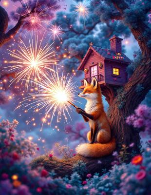 The primary subject of the image is a fox sitting on a tree branch, surrounded by a colorful and lively environment. The setting includes a house, a fireworks display, and a forest. The visual style of the image is a digital art or illustration, with a vibrant and whimsical atmosphere. The dominant colors include red, orange, and purple, creating a festive and joyful mood.