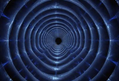 The primary subject of the image is a blue spiral, which appears to be a tunnel or a wormhole. The setting is a dark, blue background, which adds to the mysterious and intriguing atmosphere of the scene. The visual style is a combination of digital art and illustration, creating a unique and captivating image. The dominant colors are blue and black, which contribute to the overall mood of the image, evoking a sense of depth and wonder.