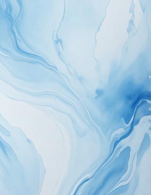The primary subject of the image is a blue and white painting of a waterfall. The setting is a white background, and the visual style is a painting. The dominant colors are blue and white, creating a serene and calming atmosphere.