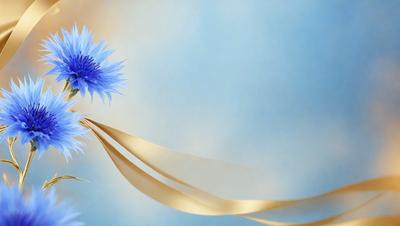 The primary subject of the image is a blue flower, which is the main focus of the scene. The setting is a blue sky, providing a backdrop for the flower. The visual style of the image is a digital art, as it appears to be a painting or drawing of the flower. The dominant colors in the image are blue and gold, creating a serene and calming atmosphere.