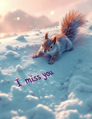 Primary subject: A small squirrel with a message written on the snow.

Setting/background: The squirrel is standing on a snow-covered hill, with a mountain in the background.

Visual style: The image is a digital artwork, featuring a cute squirrel and a heartfelt message.

Colors and mood: The image is predominantly white, with the snow and the mountain in the background. The mood is warm and inviting, as the message is meant