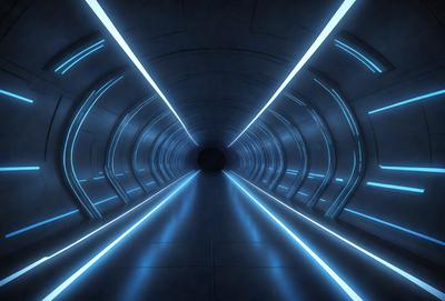 The primary subject of the image is a long, narrow, and dark tunnel. The setting is a futuristic environment, possibly a space station or a subterranean passage. The visual style is digital art, as the tunnel appears to be a computer-generated or digitally rendered scene. The dominant colors are blue and black, creating a moody and mysterious atmosphere.
