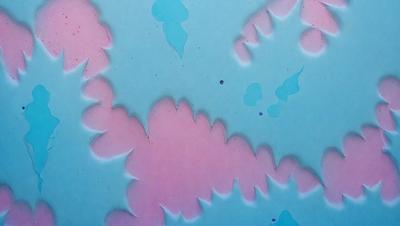 The primary subject of the image is a close-up of a pink and blue patterned surface. The setting appears to be a blue background, and the visual style is a combination of digital art and illustration. The dominant colors in the image are pink and blue, creating a vibrant and lively atmosphere.