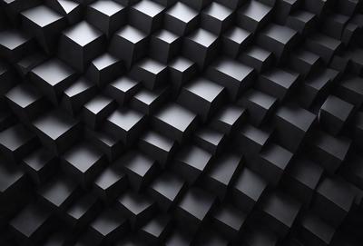 The primary subject of the image is a black and white pattern of cubes. The setting is a black background, which creates a striking contrast with the pattern. The visual style is a combination of a photo and digital art, as the pattern appears to be a digital creation. The colors and mood of the image are predominantly black and white, giving it a modern and minimalist appearance.