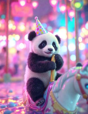 The primary subject of the image is a small panda bear wearing a party hat, sitting on a carousel horse. The setting is a carnival or a similar festive environment, as indicated by the presence of a carousel. The visual style is a digital art or illustration, creating a whimsical and playful atmosphere. The dominant colors are pink and purple, which are often associated with carnivals and celebrations.