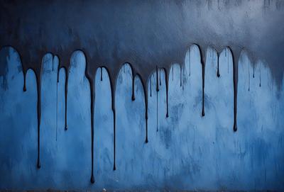 The primary subject of the image is a blue wall with black drips of paint on it. The setting is an indoor environment, possibly a room or a studio. The visual style is a combination of a photo and digital art, as the drips of paint appear to be digitally manipulated. The colors and mood of the image are predominantly blue and black, creating a moody and artistic atmosphere.