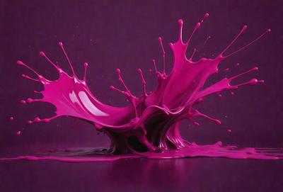 The primary subject of the image is a pink splash of paint, which is the main focus of the scene. The setting is a purple background, which contrasts with the pink splash. The visual style of the image is a close-up of the pink splash, showcasing the details of the paint. The colors and mood of the image are predominantly pink, creating a vibrant and lively atmosphere.