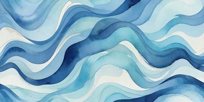 The primary subject of the image is a painting of a blue ocean with waves. The setting is a blue background, and the visual style is a watercolor painting. The dominant colors are blue and white, creating a serene and calming atmosphere.