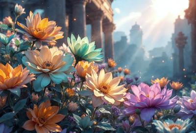 Primary subject: Flowers
Setting/background: A beautiful garden with a sunny day
Visual style: Digital art
Colors and mood: The flowers are colorful and vibrant, creating a cheerful and lively atmosphere.