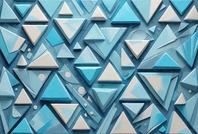 The primary subject of the image is a blue and white geometric pattern, featuring triangles and circles. The setting is a blue wall, and the visual style is a combination of digital art and illustration. The dominant colors are blue and white, creating a calm and soothing atmosphere.