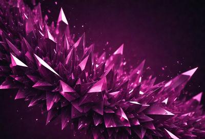 The primary subject of the image is a close-up of a purple, pink, and white geometric pattern. The pattern is composed of multiple triangles and diamond shapes, creating a visually striking and colorful design. The setting is a dark background, which contrasts with the vibrant colors of the pattern. The visual style of the image is a combination of digital art and illustration, showcasing the intricate details of the geometric pattern. The dominant colors in the image are purple, pink, and white