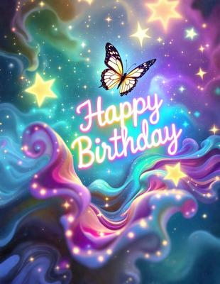 Happy Birthday: [The main object, scene, or focus of the image is a butterfly, which is the primary subject. The setting is a colorful, swirling background, which adds to the visual style. The colors and mood are bright, cheerful, and celebratory.]