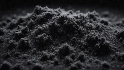 The primary subject of the image is a pile of black powder, which appears to be a mix of sand and gravel. The setting is a dark room, and the visual style is a close-up of the black powder. The colors and mood of the image are predominantly dark, with the black powder being the main focus.