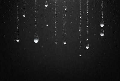 The primary subject of the image is a raindrop, which is captured in mid-air. The setting is a dark, rainy night, with the raindrop falling against a black background. The visual style is a close-up of the raindrop, emphasizing its shape and texture. The colors and mood of the image are predominantly dark and moody, with the raindrop being the only bright spot in the scene.