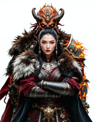 The primary subject of the image is a woman dressed in a costume, possibly a demon or a warrior. She is wearing a red and black outfit, and her hair is styled in a ponytail. The setting is a white background, which provides a clean and minimalist look to the image. The visual style is a digital art or illustration, as the woman's costume and the overall composition of the image suggest a creative and artistic approach. The colors and mood of the image are bold and