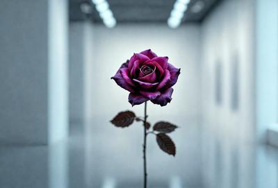 The primary subject of the image is a single purple rose, which is the main focus of the scene. The rose is placed on a table, and the setting appears to be a white room. The visual style of the image is a photo, capturing the beauty of the rose in its natural environment. The dominant colors in the image are purple and white, creating a serene and elegant atmosphere.