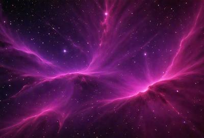 The primary subject of the image is a purple nebula, which is a large, diffuse cloud of gas and dust in space. The setting is a dark, starry sky, with the nebula being the main focus of the image. The visual style is a combination of a photo and digital art, creating a unique and captivating representation of the nebula. The colors and mood of the image are predominantly purple, giving it a serene and ethereal atmosphere.