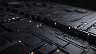 The primary subject of the image is a close-up of a black and orange circuit board. The setting is a dark room, and the visual style is a digital art or illustration. The dominant colors are black and orange, creating a contrasting and visually striking scene.