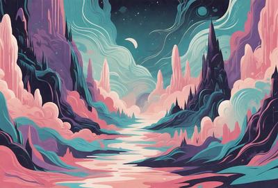 The primary subject of the image is a beautifully illustrated landscape featuring a river surrounded by mountains. The setting is a fantasy world with a vibrant color palette, giving the scene a lively and imaginative atmosphere. The visual style is a combination of digital art and illustration, creating a captivating and detailed image.