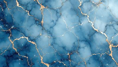 The primary subject of the image is a blue marble surface with gold veins. The setting is a blue marble wall, and the visual style is a close-up of the marble surface. The dominant colors are blue and gold, creating a luxurious and elegant atmosphere.