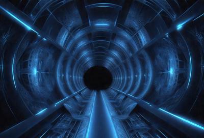 The primary subject of the image is a tunnel with a blue light illuminating it. The tunnel appears to be a futuristic, high-tech design, possibly resembling a space station or a subway system. The setting is a dark, enclosed space, and the visual style is a combination of digital art and illustration. The dominant colors in the image are blue and black, creating a sense of depth and mystery.