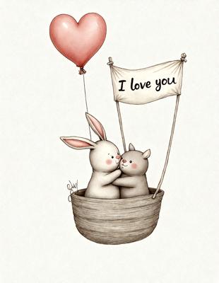 The image features a heart-shaped balloon with a bunny and a cat inside it. The bunny is kissing the cat, creating a loving and playful scene. The balloon is floating in the air, and the two animals are enjoying their time together. The overall atmosphere of the image is warm, friendly, and lighthearted.