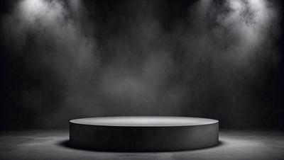 The primary subject of the image is a large, round, black platform. The platform is set against a backdrop of a dark, foggy, and smoky environment. The visual style of the image is a photo, and the dominant colors are black and gray, creating a moody and dramatic atmosphere.