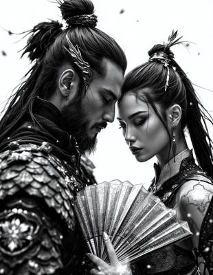 The primary subject of the image is a man and a woman standing close to each other. The woman is holding a fan, and the man is wearing a costume. The setting appears to be a black and white photo, giving it a vintage or artistic feel. The visual style suggests that the image is a digital art or illustration. The colors and mood of the image are predominantly dark, with the focus on the couple and their connection.