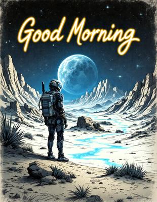 The primary subject of the image is a person standing on a rocky surface, possibly a desert or a rocky planet. The setting is a nighttime scene with a moon visible in the sky. The visual style is a digital art or illustration, creating a dramatic and moody atmosphere. The colors are predominantly dark, with the person and the moon being the main sources of light.