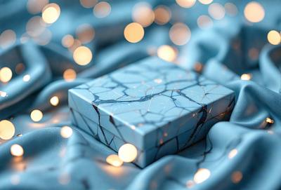 The primary subject of the image is a blue box with a cracked surface. The box is placed on a blue cloth, which serves as the setting or background. The visual style of the image is a photo, capturing the details of the cracked box and the blue cloth. The colors and mood of the image are predominantly blue, creating a calm and serene atmosphere.