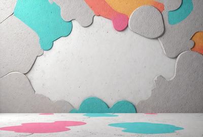 The primary subject of the image is a white wall with a variety of colored shapes and designs on it. The wall appears to be a canvas for artistic expression, featuring a mix of colors and patterns. The setting is indoors, with the wall being the main focus of the scene. The visual style of the image is a combination of digital art and illustration, creating a unique and vibrant atmosphere. The colors and mood of the image are lively and energetic, with the various shapes and designs adding a sense of