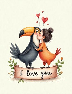 The primary subject of the image is a woman kissing a bird. The woman is wearing an orange shirt, and the bird is black and white. The scene takes place in a forest setting, with a heart-shaped balloon floating in the air. The visual style of the image is a combination of digital art and illustration, creating a whimsical and playful atmosphere. The colors used in the image are predominantly orange and black, which adds to the warm and inviting mood of the scene.
