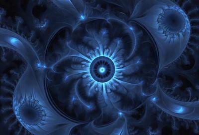 The primary subject of the image is a blue and white spiral pattern, which appears to be a digital art or illustration. The setting is a blue background, and the visual style is a combination of digital art and illustration. The colors and mood of the image are predominantly blue and white, creating a calm and serene atmosphere.