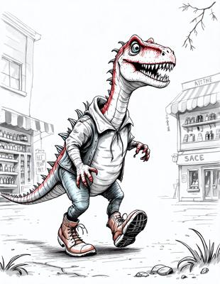 The primary subject of the image is a cartoon dinosaur, specifically a T-Rex, walking down a street. The setting is a city street with buildings in the background. The visual style is a hand-drawn illustration, giving the image a unique and creative appearance. The colors and mood of the image are predominantly dark, with the T-Rex being the main focus and the city street providing a contrasting backdrop.