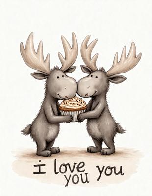 The primary subject of the image is two cartoon moose, each holding a cupcake. The setting is a white background, and the visual style is a hand-drawn illustration. The colors are predominantly brown and white, giving the image a warm and friendly atmosphere. The phrase "I love you" is written below the moose, adding a personal touch to the scene.