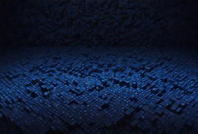 The primary subject of the image is a blue, pixelated surface. The setting is a dark room with a blue background. The visual style is a digital art or illustration, creating a unique and intriguing atmosphere. The colors and mood are predominantly blue, giving the scene a calm and serene vibe.