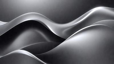 The primary subject of the image is a silver, curved, and flowing sculpture. The setting is a black background, which contrasts with the silver sculpture, creating a striking visual effect. The visual style is a combination of digital art and illustration, as the sculpture appears to be a digital representation of a flowing form. The colors and mood of the image are predominantly silver and black, giving it a modern and sleek appearance.