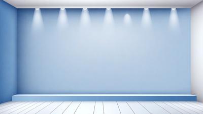 The primary subject of the image is a blue wall with a white floor. The setting is a room with a blue background, and the visual style is a photo. The colors and mood of the image are predominantly blue and white, creating a clean and minimalist atmosphere.