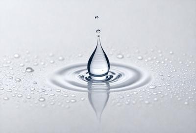 The primary subject of the image is a single drop of water, which is captured in mid-air. The setting is a white surface, which could be a table or a wall. The visual style is a close-up of the water drop, showcasing its details. The colors and mood of the image are predominantly white, giving it a clean and minimalist appearance.