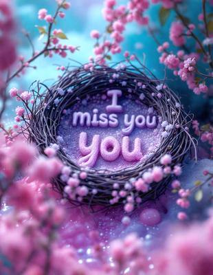 The primary subject of the image is a heart-shaped nest made of twigs, with the words "I miss you" written on it. The nest is placed on a pink background, which adds a warm and romantic touch to the scene. The visual style of the image is a combination of digital art and illustration, creating a unique and personalized design. The colors and mood of the image are predominantly pink, which symbolizes love and affection.