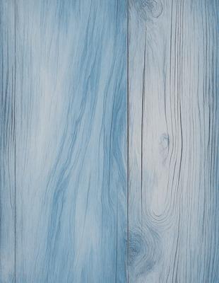 The primary subject of the image is a wooden floor with a blue and white color scheme. The setting is a room with a wooden wall, and the visual style is a close-up of the floor. The colors and mood of the image are predominantly blue and white, creating a calm and serene atmosphere.