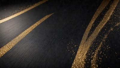 The primary subject of the image is a close-up of a gold glittery substance, possibly a gold glitter paint or a gold glitter paper, on a wooden surface. The setting appears to be a room with a wooden floor. The visual style of the image is a close-up, which emphasizes the gold glittery substance. The colors and mood of the image are predominantly gold and glittery, creating a warm and shiny atmosphere.