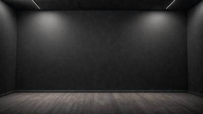 The primary subject of the image is a black wall with a dark background. The setting is a room with a wooden floor. The visual style is a black and white photo. The dominant colors are black and white, creating a moody and dramatic atmosphere.