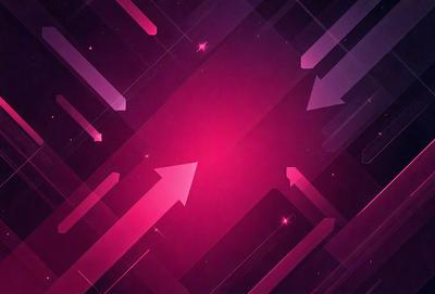 The primary subject of the image is a pink arrow pointing upwards. The setting is a colorful, geometric pattern with a pink background. The visual style is a digital art or illustration, creating a vibrant and lively atmosphere. The dominant colors are pink and purple, giving the image a warm and inviting feel.