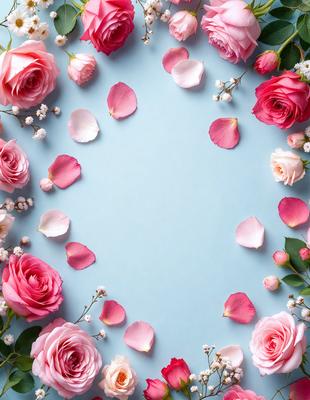 The primary subject of the image is a bouquet of pink flowers, which are scattered across a blue surface. The setting appears to be a table or a similar surface, with the flowers creating a visually appealing and romantic atmosphere. The visual style of the image is a close-up of the flowers, showcasing their beauty and details. The colors and mood of the image are predominantly pink, which is often associated with love and affection.