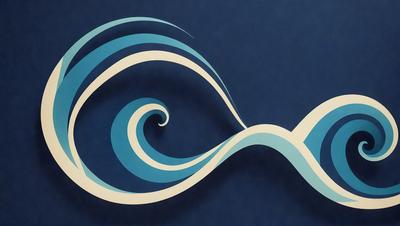 The primary subject of the image is a blue and white wave design. The setting is a blue background, and the visual style appears to be a combination of digital art and illustration. The dominant colors are blue and white, creating a calm and soothing atmosphere.