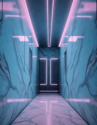 The primary subject of the image is a hallway with a doorway. The setting is a marble-covered hallway, and the visual style is digital art. The colors and mood of the image are predominantly pink, creating a warm and inviting atmosphere.